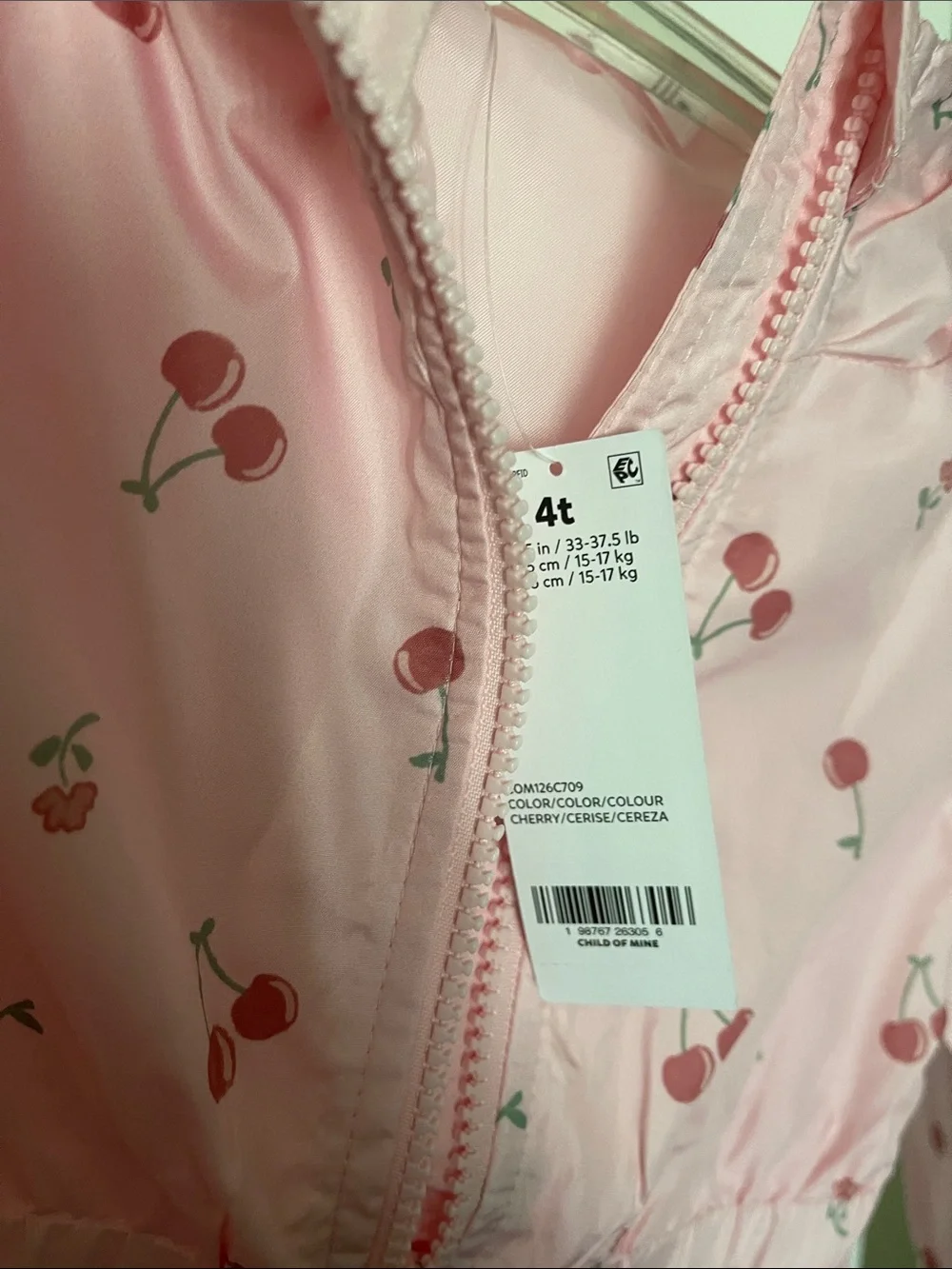 Pink Cherry-Print Hooded Girls' wind breaker jacket/ rain jacket